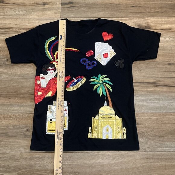 Vintage Casino Embroidered T Shirt SZ Large Gambling Beaded Sequin Black Tee y2k - Picture 7 of 10